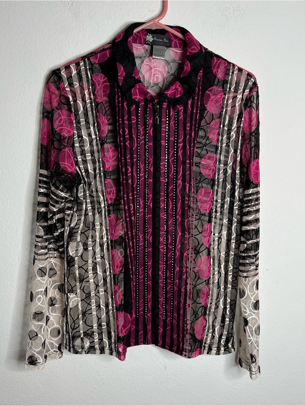 Damee Inc Women’s Blouse Black Purple  Mesh Sheer Full Zip Sise Large